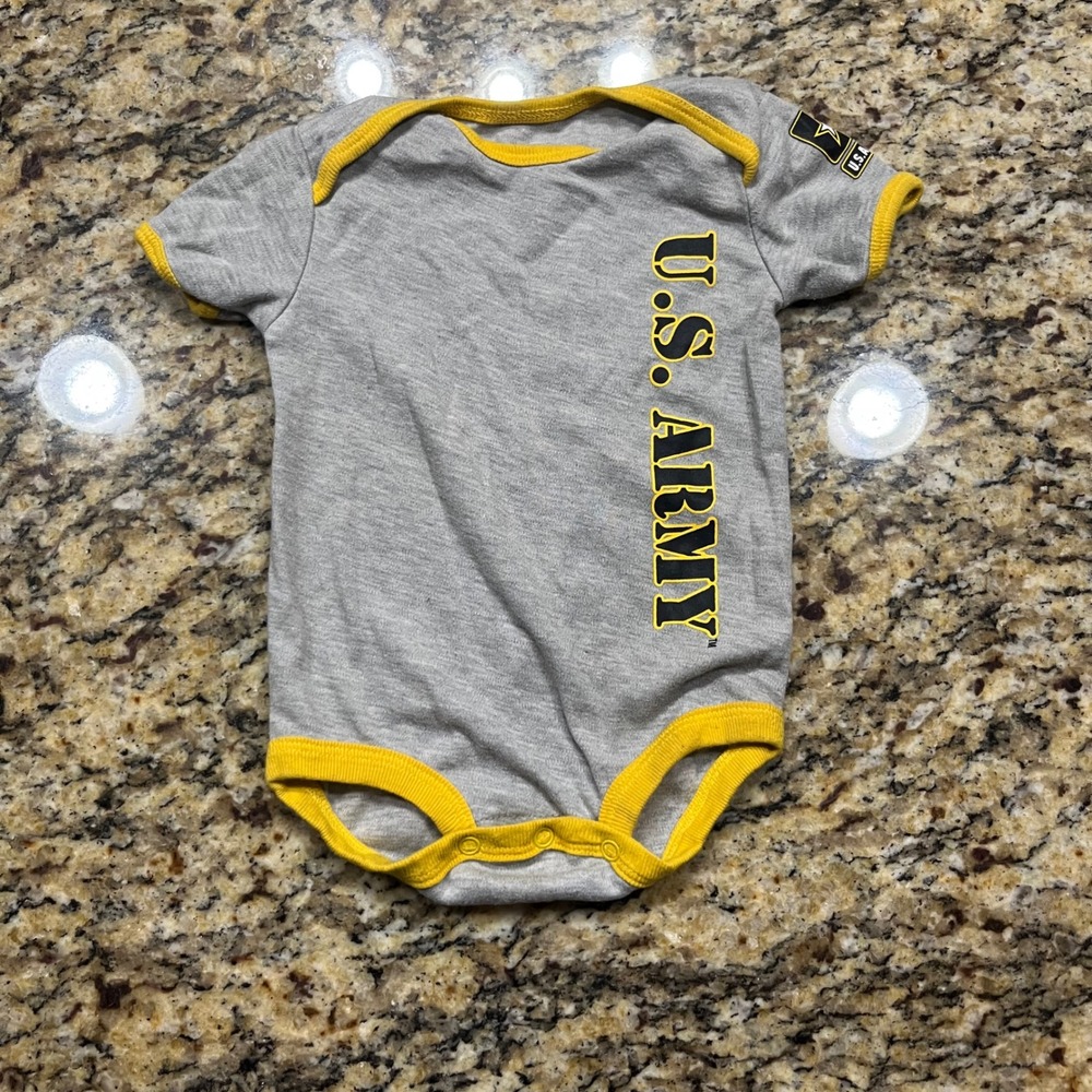 Tiny Trooper US Army Baby Bodysuit Heather Gray Yellow Ringer Onesie 9-12 Months